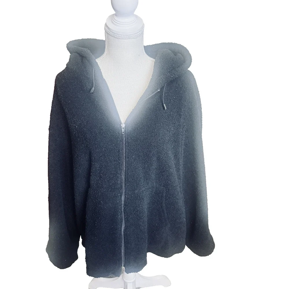 Sandro Sport Black‎ Jacket Full Zip Hoodie Teddy Fleece Sherpa Mens Unisex sz XL
